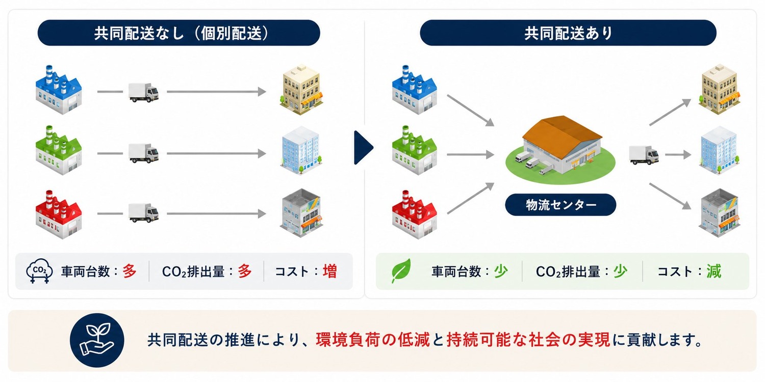 環境負荷の低減：共同配送なし（個別配送）は車両台数が多くCO2排出量・コストが増えるのに対し、共同配送ありは物流センター経由で車両台数が少なくCO2排出量・コストを削減できる